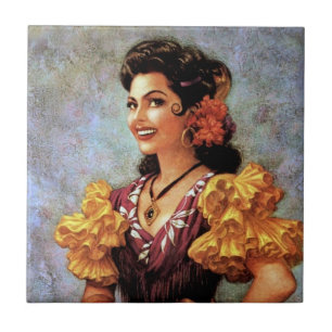 Azulejo De Cerâmica Garota do Calendário Mexicana Linda Flamenco Doura