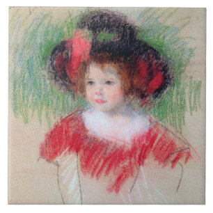 Azulejo De Cerâmica Garota em Big Bonnett e Red Vress, Mary Cassatt