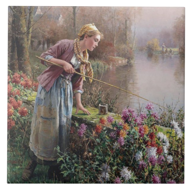 Azulejo De Cerâmica Garota francesa pescando na Bretanha (Frente)