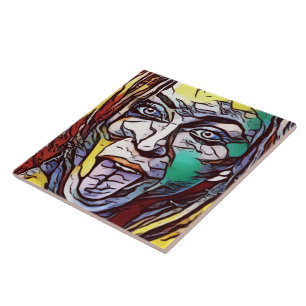 Azulejo De Cerâmica Garota Grafite Pintura Rosto Colorido