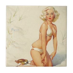 Azulejo De Cerâmica Garota Pin-up Retro na Praia