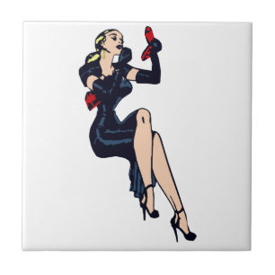 Azulejo De Cerâmica Garota Pinup de Glamour Retro Loira Bonita Vintage