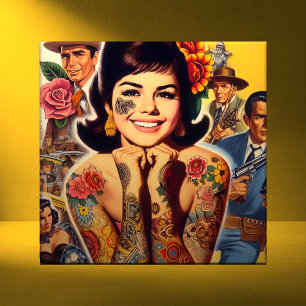 Azulejo De Cerâmica Garota Tatuada ao Estilo Antigo