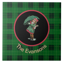 Azulejo De Cerâmica Garota Vintage encantadora com guarda-chuva em ver