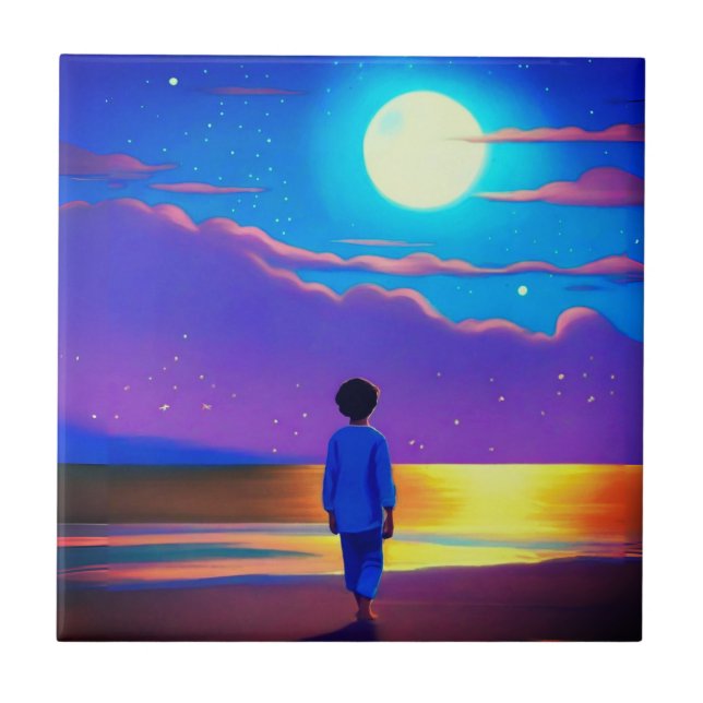 Azulejo De Cerâmica Garoto na praia, olhando na lua (Frente)