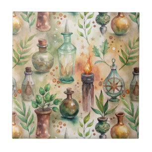 Azulejo De Cerâmica Garrafa de Herbalista Rústica Verde Marrom