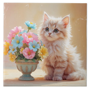 Azulejo De Cerâmica Gatinho adorável com Buquê de flores