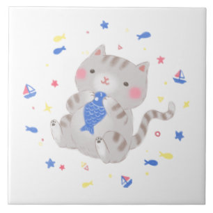 Azulejo De Cerâmica Gatinho bonito com peixe na ilustração de verão