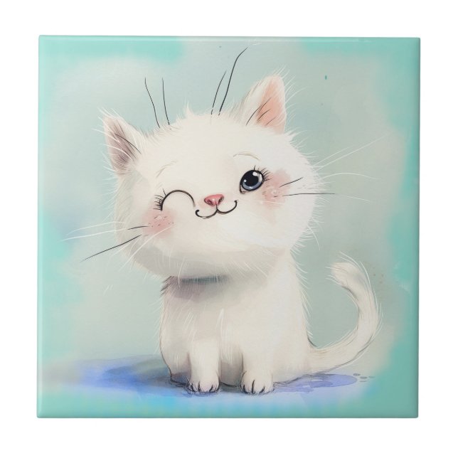 Azulejo De Cerâmica Gatinho Branco Bonito (Frente)