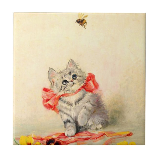 Azulejo De Cerâmica Gatinho com Fita Vermelha (Frente)