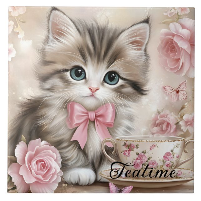 Azulejo De Cerâmica Gatinho da Hora do Chá  (Frente)