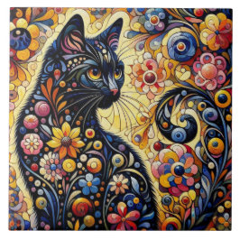 Azulejo De Cerâmica Gatinho de Gato Preto Floral Branco Amarelo