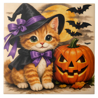Azulejo De Cerâmica Gatinho de Halloween laranja com abóbora
