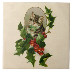 Azulejo De Cerâmica Gatinho de Natal Vitoriano em Tabby Antigo com Aze