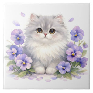 Azulejo De Cerâmica Gatinho Fofo em Aquarela com Flores de Pansy Roxas