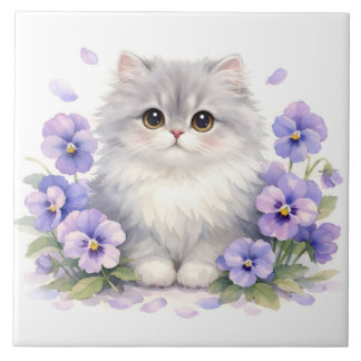 Azulejo De Cerâmica Gatinho Fofo em Aquarela com Flores de Pansy Roxas
