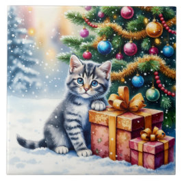 Azulejo De Cerâmica Gatinho Fofo Sob a Árvore de Natal