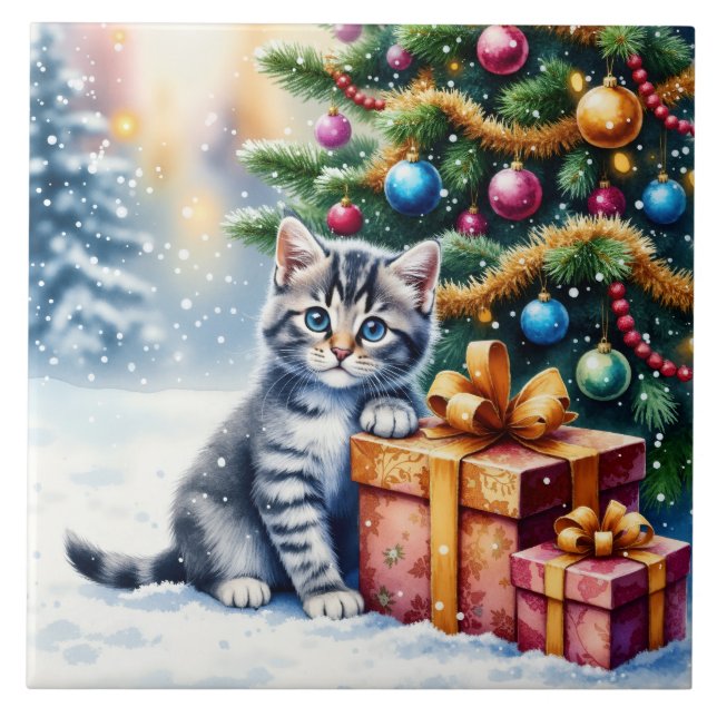 Azulejo De Cerâmica Gatinho Fofo Sob a Árvore de Natal (Frente)