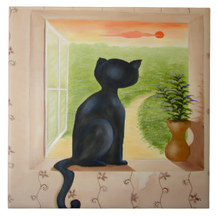 Azulejo De Cerâmica Gatinho numa Janela