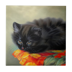 Azulejo De Cerâmica Gatinho Preto Antigo com Cobertor de Flor Vermelha