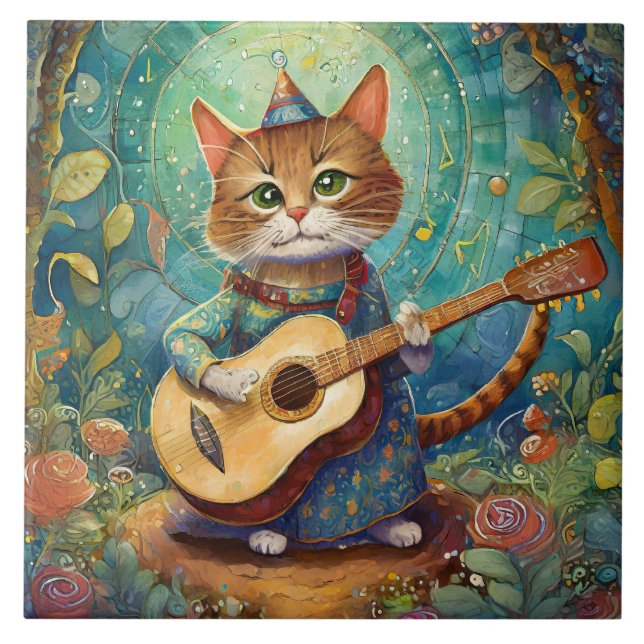 Azulejo De Cerâmica Gatinho Tocando Guitarra (Frente)