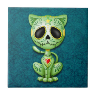 Azulejo De Cerâmica Gatinho, verde e azul do açúcar do zombi