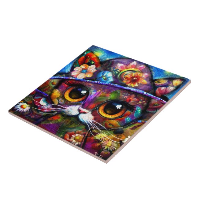 Azulejo De Cerâmica Gatinho Whimsical Big Eye Cat com Hat Floral (Lateral)