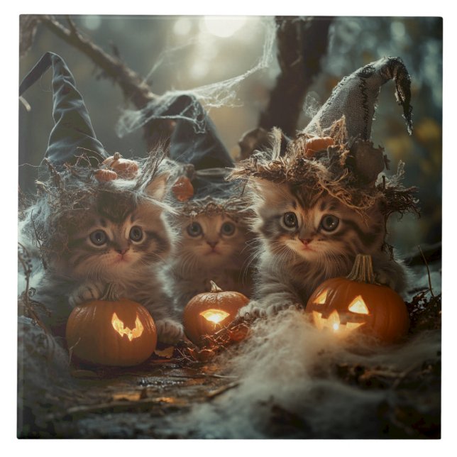 Azulejo De Cerâmica Gatinhos Adoráveis de Halloween com Pumpkins (Frente)