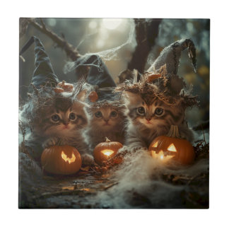 Azulejo De Cerâmica Gatinhos Adoráveis de Halloween com Pumpkins