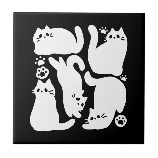 Azulejo De Cerâmica Gatinhos Brancos Silhuettes - Design de Felinos Co (Frente)