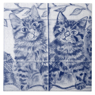 Azulejo De Cerâmica Gatinhos Cons Azuis Vintage Pet Cat Cotte