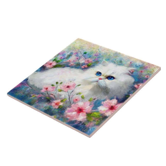 Azulejo De Cerâmica Gatinhos Persa Brancos Olhos Azuis de Gatinho Azul (Lateral)