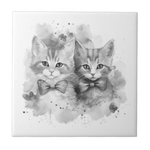 Azulejo De Cerâmica Gatinhos pretos e brancos com laços e borboletas