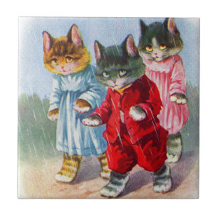 Azulejo De Cerâmica Gatinhos vestidos na chuva nos anos 30