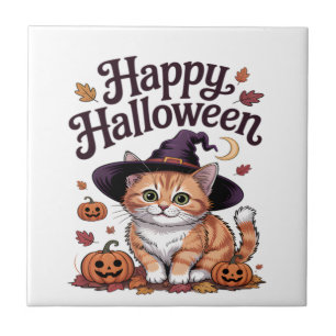 Azulejo De Cerâmica Gato Abóbora Feliz Halloween
