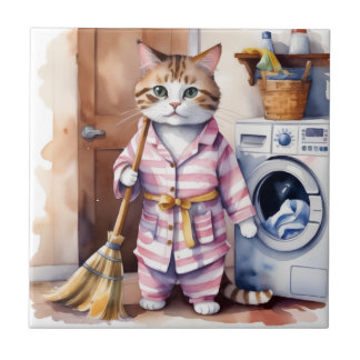 Azulejo De Cerâmica Gato Adorável de Pijama Engraçado na Lavanderia