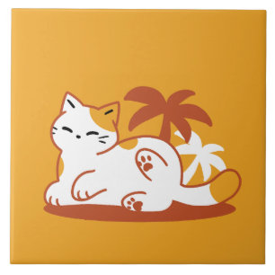 Azulejo De Cerâmica Gato Adorável Relaxando no Sol - Pet de Verão