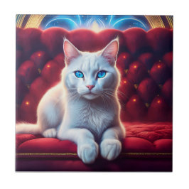 Azulejo De Cerâmica Gato Albino de Olhos Azuis Bonito em Sofá Vermelho