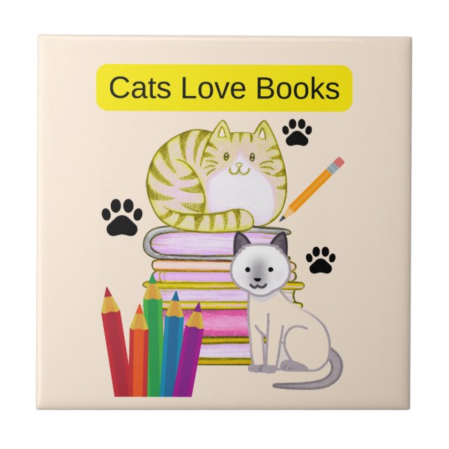 Azulejo De Cerâmica Gato Ama Livros (Frente)