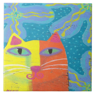 Azulejo De Cerâmica Gato Amarelo com Flores Roxas Pintura Abstrata