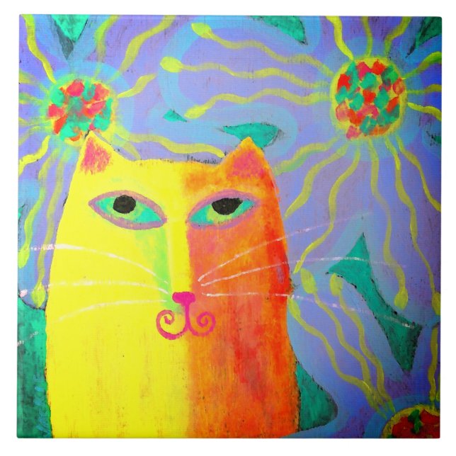 Azulejo De Cerâmica Gato Amarelo com pintura Abstrato de Flores (Frente)