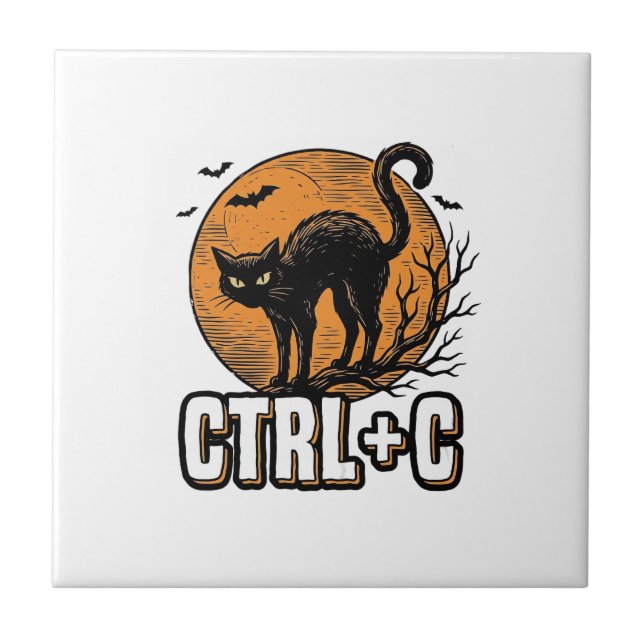 Azulejo De Cerâmica Gato Assustador CTRL C Design de Vetor de Hallowee (Frente)