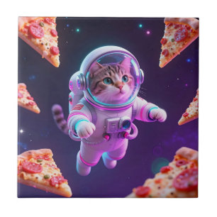 Azulejo De Cerâmica Gato Astronauta Fofo Flutuando Pizza Aventura Espa