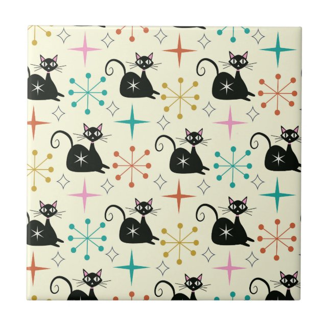 Azulejo De Cerâmica Gato Atômico Preto Meados do Século com Explosões  (Frente)