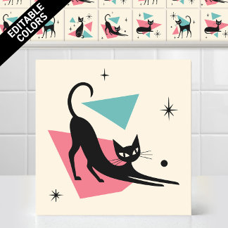 Azulejo De Cerâmica Gato Atômico Retro dos Anos 50 Esticando Cores Edi