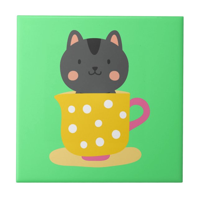 Azulejo De Cerâmica Gato bonito na caricatura do teacup na menta (Frente)