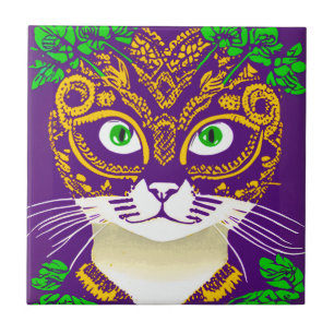 Azulejo De Cerâmica Gato bonito Vestindo uma Máscara Mardi Gras