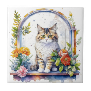 Azulejo De Cerâmica Gato Branca Doce na Janela das Flores