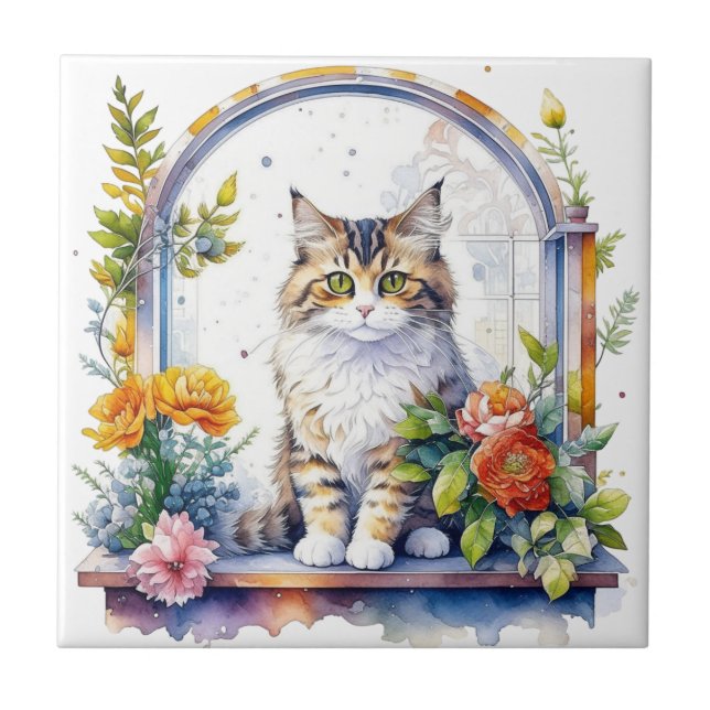 Azulejo De Cerâmica Gato Branca Doce na Janela das Flores (Frente)