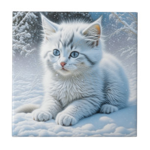 Azulejo De Cerâmica Gato Branco Bonito Brincando na Neve